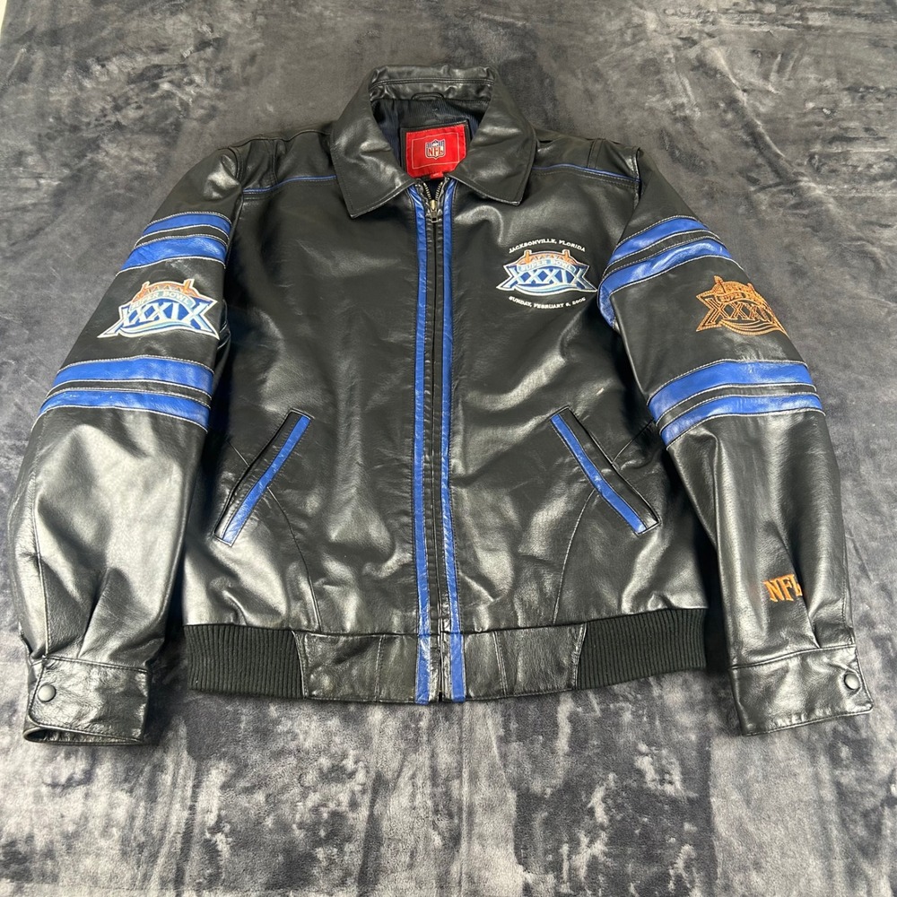 NFL Leather Jacket Mens L Black Super Bowl XXXIX 2005 Jacksonville Bomber